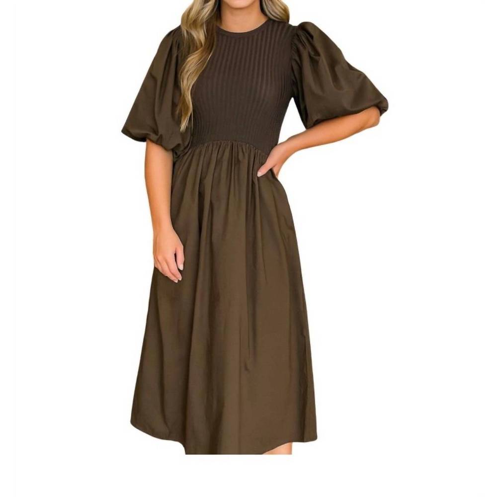 NEW SOPHIE THE LABEL kenzie midi dress with puffed sleeves in brown